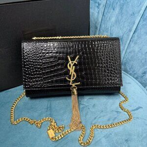 Yves Saint Laurent crocodile-embossed black Kate fringed bag